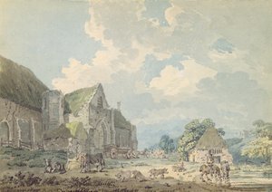 Die Zehntscheune in Abbotsbury mit der Abtei auf dem Hügel, ca. 1795