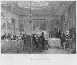 Barber Surgeons Hall. Die Gesellschaft nimmt ein neues Mitglied auf, ca. 1841 von Thomas H. Ellis
