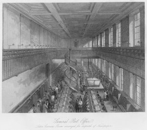 Hauptpostamt. Briefträgerraum für den Versand von Zeitungen, um 1841