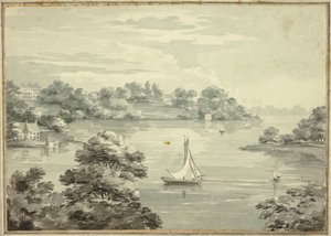 Segelboote auf dem See mit Häusern in der Nähe des Ufers von Thomas Hearne