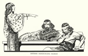 Esther denunziert Haman von Thomas Heath Robinson