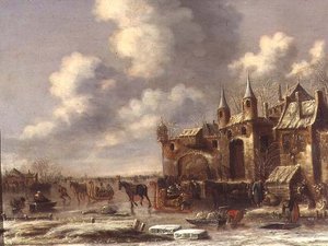 Stadtbewohner auf dem Eis bei einem Stadttor von Thomas Heeremans