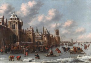 Winterlandschaft mit Schlittschuhläufern und Schlittenfahrern auf einem zugefrorenen Graben bei einer befestigten Stadt von Thomas Heeremans