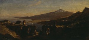 Blick von den Ruinen des griechischen Theaters in Taormina, Sizilien, mit dem rauchenden Ätna von Thomas Hiram Hotchkiss