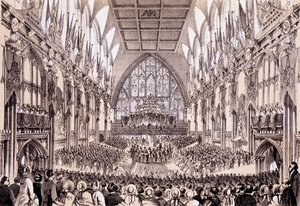 Innenansicht der Guildhall - Der Lord Mayor und die Corporation überreichen ihre Adresse an den Kaiser und die Kaiserin von Frankreich, 19. April 1855
