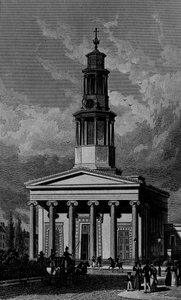 St. Pancrass Kirche, Westfront, graviert von James Tingle 1827