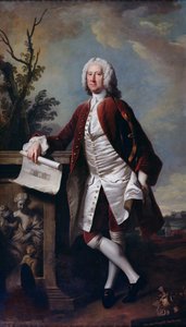 Porträt von Theodore Jacobsen, Architekt des Foundling Hospital, mit einer Zeichnung der Westfront, ca. 1742