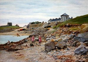 Kingsland, Cornwall, mit zwei Mädchen am Strand von Thomas J. Purchas
