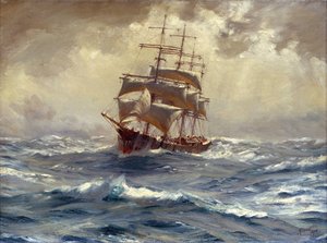 Ein Schiff mit 4 Masten vor dem Sturm, dieser Schiffstyp wurde für den Handel mit Getreide und Salpeter aus Südamerika um Kap Hoorn (Chile) verwendet