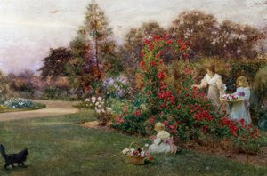 Im Garten des Künstlers, Yapton, Sussex. Eine Mutter und ihre zwei Kinder pflücken Rosen in einem Garten. Gemälde von Thomas James Lloyd (1849-1910 Britisch) Privatsammlung
