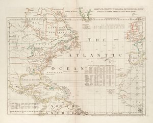 Karte des Atlantischen Ozeans mit den britischen, französischen und spanischen Siedlungen in Nordamerika und den Westindischen Inseln von Thomas Jefferys