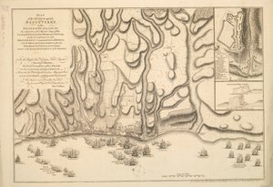 Plan des Angriffs auf Basseterre auf der Insel Guadeloupe durch ein Geschwader von Kriegsschiffen seiner Majestät unter dem Kommando von Commodore Moore am 22. Januar 1759, auch die Lager des britischen Heeres unter dem Kommando von General Hopson und die 