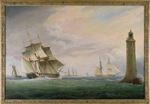 Eine Fregatte und eine Marinebrigade passieren den Eddystone-Leuchtturm von Thomas L. Hornbrook