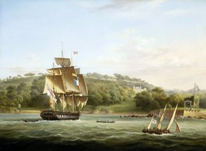 Eine königliche Fregatte und andere Schiffe in der Barn Bay vor Plymouth, England, vor Mount Edgcumbe, um 1830-1855, von Thomas Lyde Hornbrook (1808-1855) von Thomas L. Hornbrook