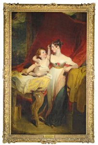 Porträt von Anne, Viscountess Pollington, später Countess of Mexborough (gest. 1870), mit ihrem Sohn, John Charles (1810-99), später 4. Earl of Mexborough, in voller Länge, sie in einem weißen Kleid mit einer Rose von Thomas Lawrence