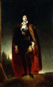 Porträt von John Kemble als Hamlet, stehend in voller Länge in einer Landschaft, einen Umhang tragend und einen Schädel haltend von Thomas Lawrence