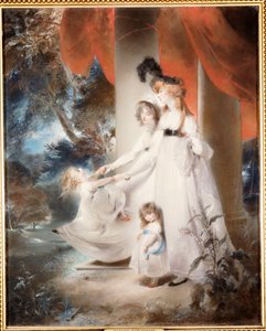 Porträt von Mrs. Ayscoghe Boucherett mit ihren zwei ältesten Kindern, Emilia und Ayscoghe, und ihrer Halbschwester Juliana Angerstein, später Madame Sabloukoff, in einem Garten von Thomas Lawrence