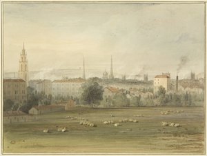 Nahe Stokes Croft mit Blick auf die Skyline von Bristol (Ort des Ballonaufstiegs von Sadler und Clayfield im Jahr 1810)