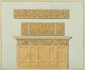 Teile der Vertäfelung und des Frieses im Langton Mansion, auf der Rückseite von Thomas Leeson the Elder Rowbotham
