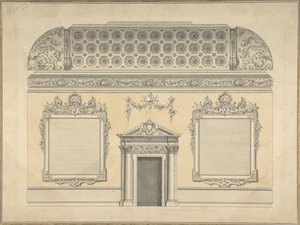 Entwurf für einen Abschnitt eines Rokoko-Zimmers mit einem gewölbten Decken und verzierten korinthischen Säulen, ca. 1750