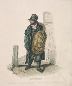 Matt-Verkäufer trägt seine Waren auf der Schulter, 1820