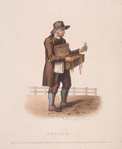 Hausierer mit seiner Warenkiste um den Hals