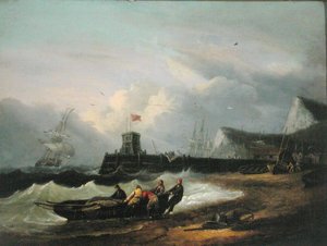 Ein Boot an Land ziehen vor dem Hafen von Dover von Thomas Luny