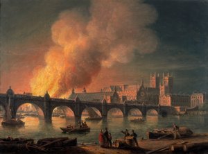 Westminster Bridge und der Brand der Houses of Parliament von Lambeth, 1835