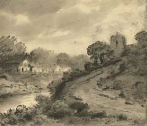 Bewaldete Flusslandschaft mit einem Felsen im Vordergrund links, ca. 1800
