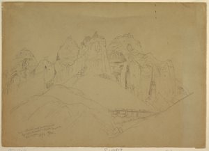 Zeichnung, Rio Virgin River mit großen Felsformationen, 1873 von Thomas Moran