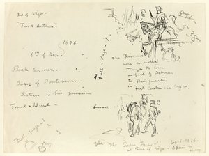 Blatt mit Skizzen: Soldat zu Pferd und Soldat mit Säbel, der Gefangenen führt (recto); Blatt mit Skizzen (verso)