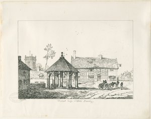 Abbots Bromley - Tudor-Marktkreuz und Haus: Feder- und Tintenzeichnung von Thomas Peploe Wood