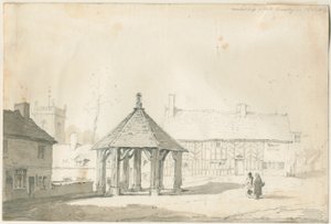 Abbots Bromley Tudor - Marktkreuz und Haus (Bleistift- und Waschzeichnung) von Thomas Peploe Wood