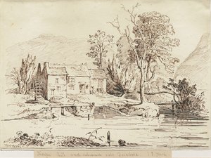 Dovedale - Thorpe Mühle (Feder- und Sepia-Zeichnung)