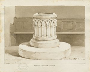 Taufbecken in der Biddulph (Neuen) Kirche (Sepia-Zeichnung) von Thomas Peploe Wood