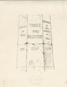 Tixall - Steinsäule mit Entfernungsangaben: Feder- und Tintenzeichnung, undatiert [Mitte 19. Jh.] von Thomas Peploe Wood