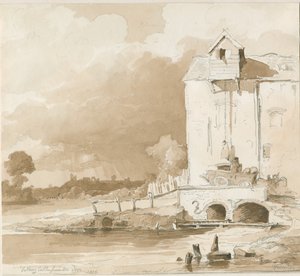 Tutbury Castle: Ferne Ansicht vom Fluss Dove: Bleistift- und Tuschzeichnung, 1836 von Thomas Peploe Wood