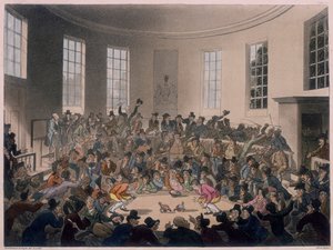 Männer beobachten einen Hahnenkampf, spätes 18. bis frühes 19. Jahrhundert von Thomas Rowlandson, Augustus Charles Pugin