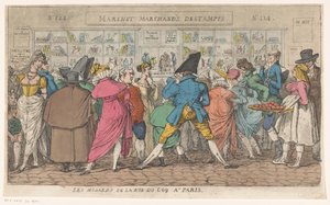 Menschenmenge vor dem Schaufenster des Verlegers Aaron Martinet in der Rue du Coq in Paris von Thomas Rowlandson (attributed to)