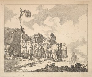 Ein Jahrmarkt - Eine Gruppe von Zigeunern - Männer und Frauen in rustikaler Kleidung vor zwei provisorischen Zelten, 1786 von Thomas Rowlandson