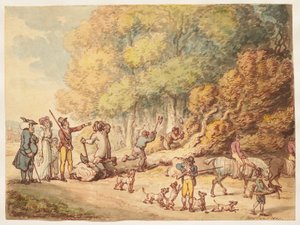 Ein Jäger mit seiner Familie, der Holzfällern befiehlt, einen gefällten Baum zu zerkleinern von Thomas Rowlandson