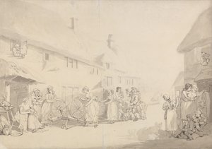Dorfszene mit Mädchen beim Spinnen von Thomas Rowlandson