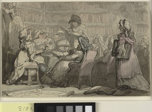 Ein Treffen des Blaustrumpf-Clubs in einer Bibliothek