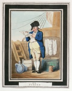 Ein Schiffskapitän, in der Royal Navy im 18. Jahrhundert, um diesen Rang zu erreichen, musste ein Mann mindestens ein Jahr als Sekretär des Kapitäns gedient haben, um die Post und das Logbuch zu schreiben, der Kommissar war für die Schiffsbordvorräte und d von Thomas Rowlandson