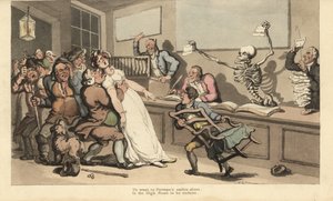 Eine Frau stirbt vor Schock beim Anblick eines leeren Papierstücks, das vom Skelett des Todes in einem Lotteriebüro geschwenkt wird. Handkolorierte Kupferstichzeichnung und -gravur von Thomas Rowlandson