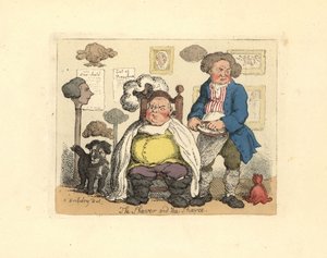 Barbier und Kunde in einem mit Perücken dekorierten Friseursalon von Thomas Rowlandson