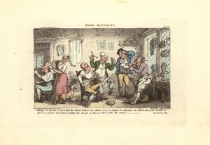 Barbier schneidet sich in den Daumen, während er einen Kunden rasiert von Thomas Rowlandson