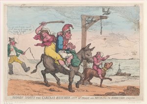 Blutiger Boney der Kadaver-Metzger, links vom Handel und Rückzug zur Vogelscheucheninsel von Thomas Rowlandson