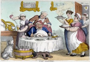 Bürger vor einem üppigen Mahl, serviert von vielen Dienern - Karikatur von Rowlandson