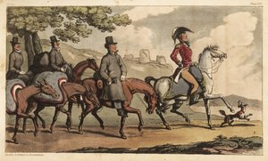 Kapitän Johnny Newcome und seine Diener mit Packpferden auf dem Weg nach Santarem, Portugal, um zur Halbinsel-Kampagne zurückzukehren. Handkolorierte Kupferstichgravur, gezeichnet und radiert von Thomas Rowlandson aus Colonel David Roberts